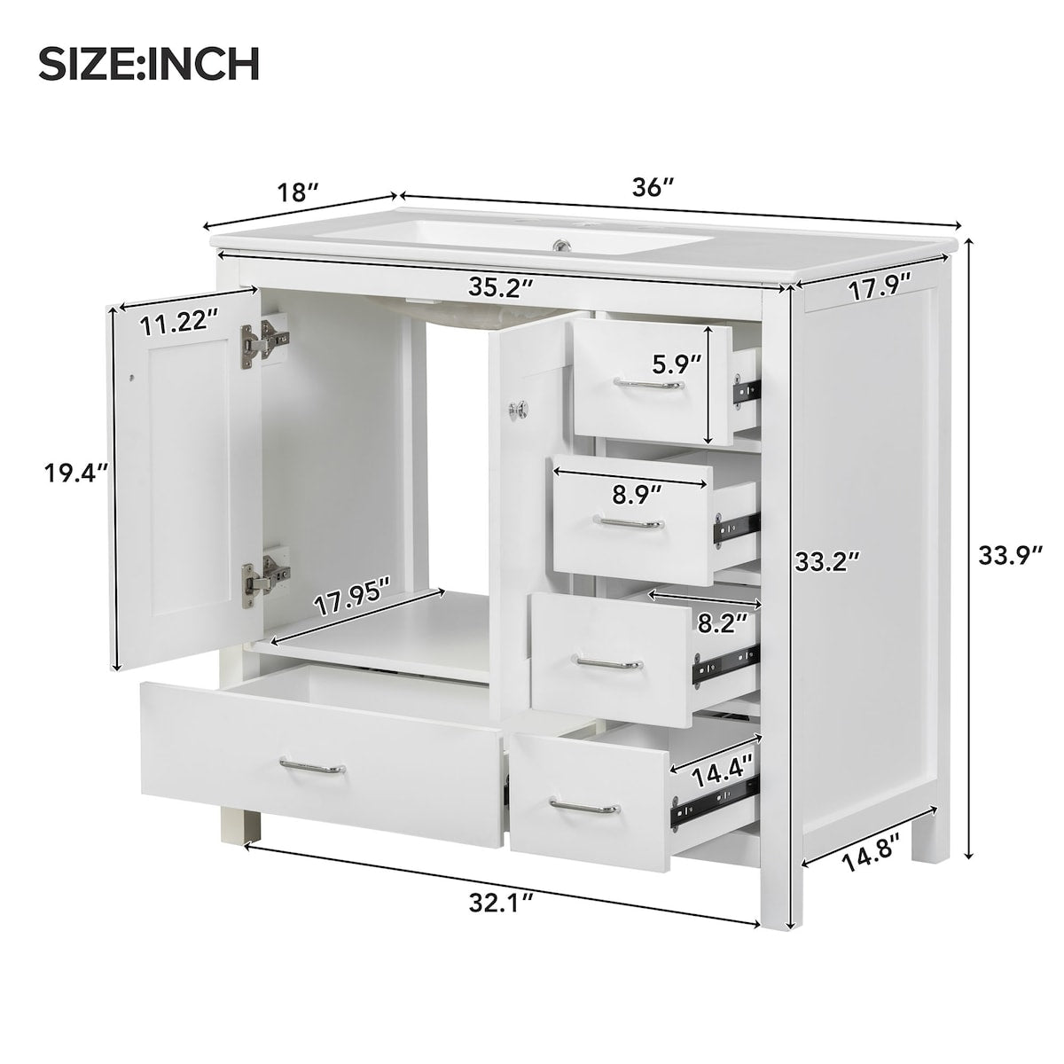 36" White Bathroom Vanity with Ceramic Sink Combo