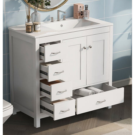 36" White Bathroom Vanity with Ceramic Sink Combo, 2 Soft-close doors and 5 drawers