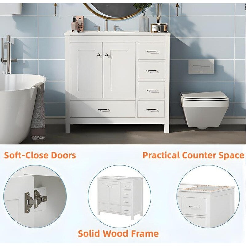 36" White Bathroom Vanity with Ceramic Sink Combo, 2 Soft-close doors and 5 drawers