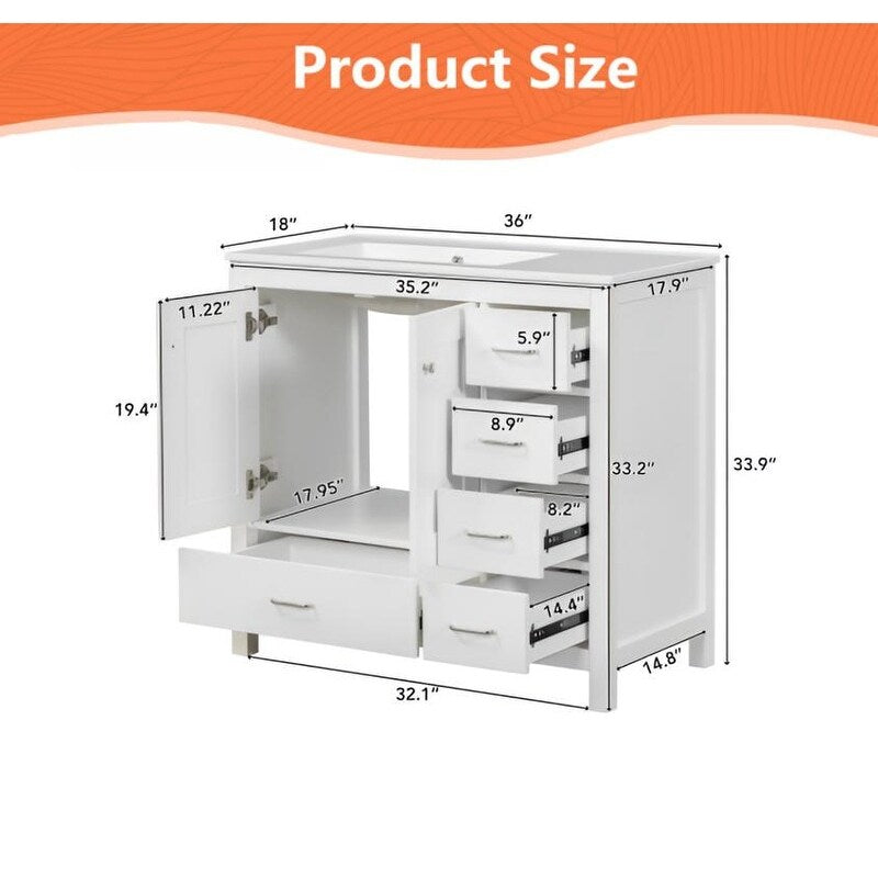 36" White Bathroom Vanity with Ceramic Sink Combo, 2 Soft-close doors and 5 drawers