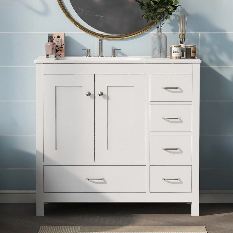 36" White Bathroom Vanity with Ceramic Sink Combo, 2 Soft-close doors and 5 drawers