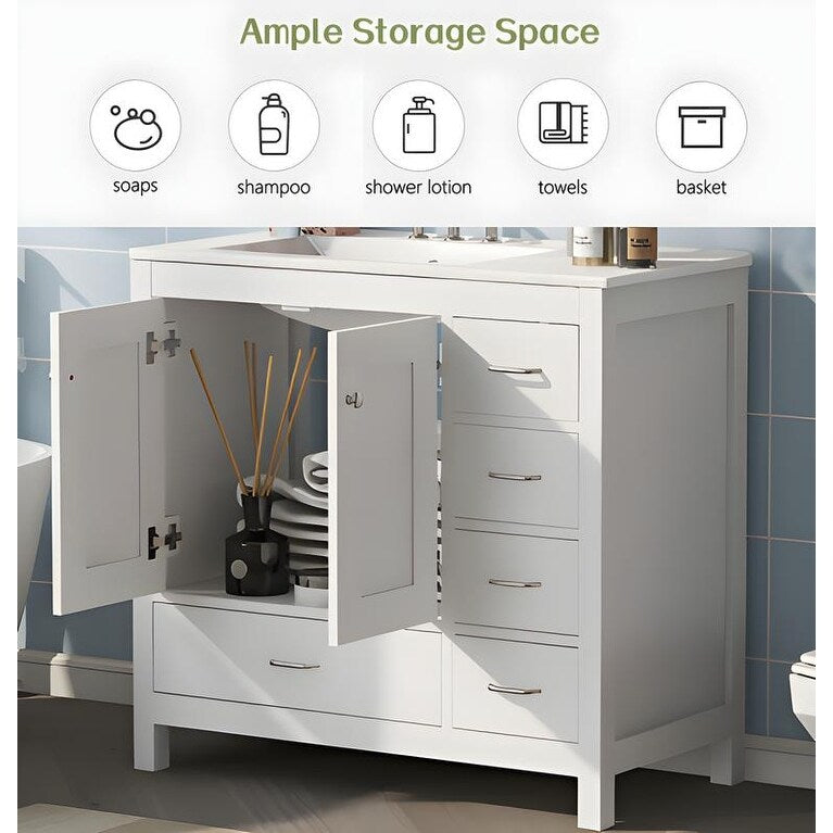 36" White Bathroom Vanity with Ceramic Sink Combo, 2 Soft-close doors and 5 drawers