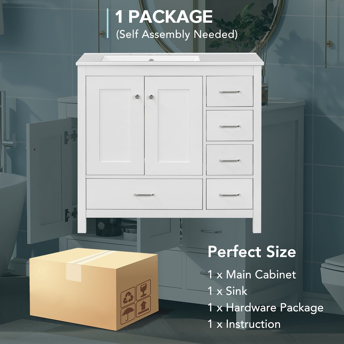 36" White Bathroom Vanity with Ceramic Sink Combo