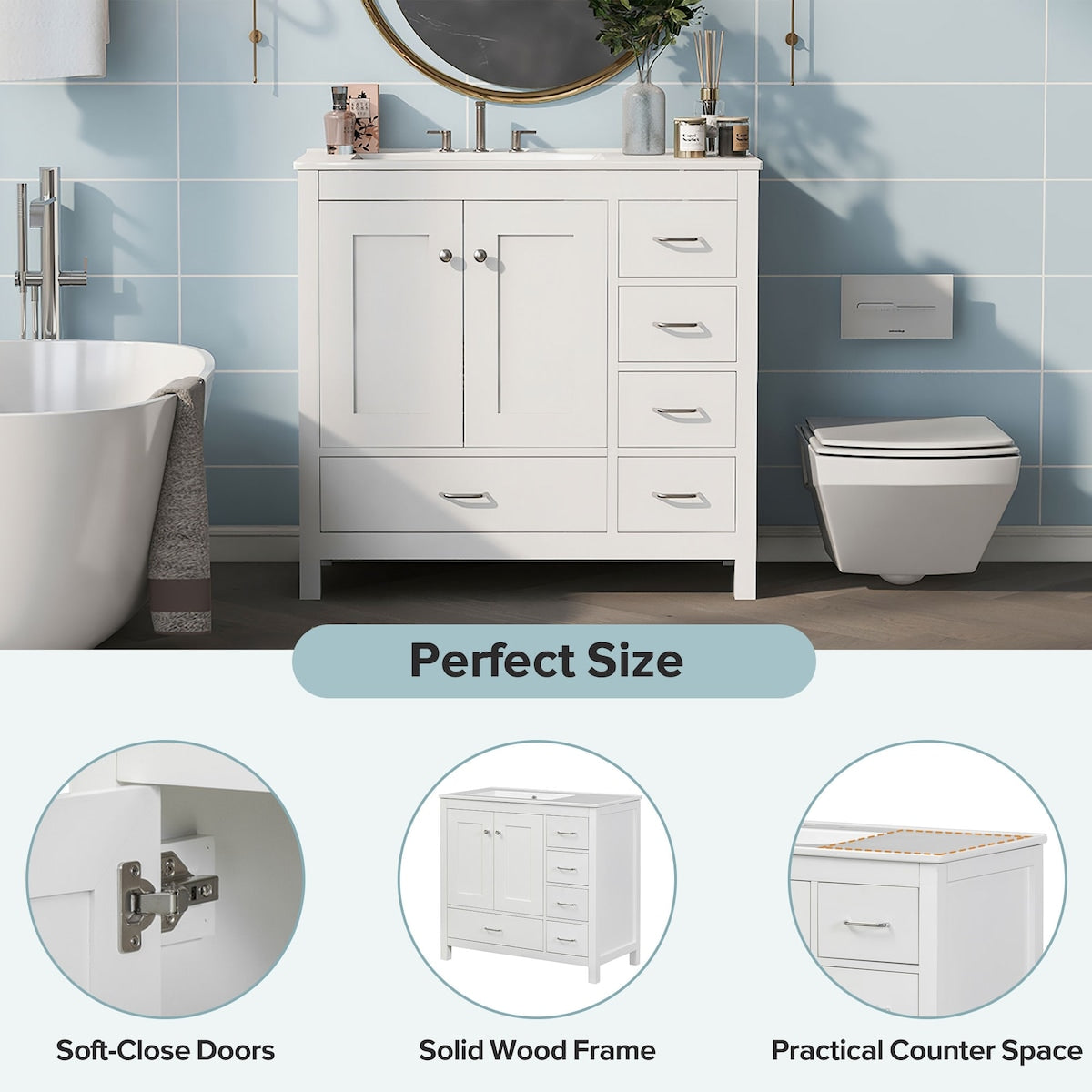 36" White Bathroom Vanity with Ceramic Sink Combo