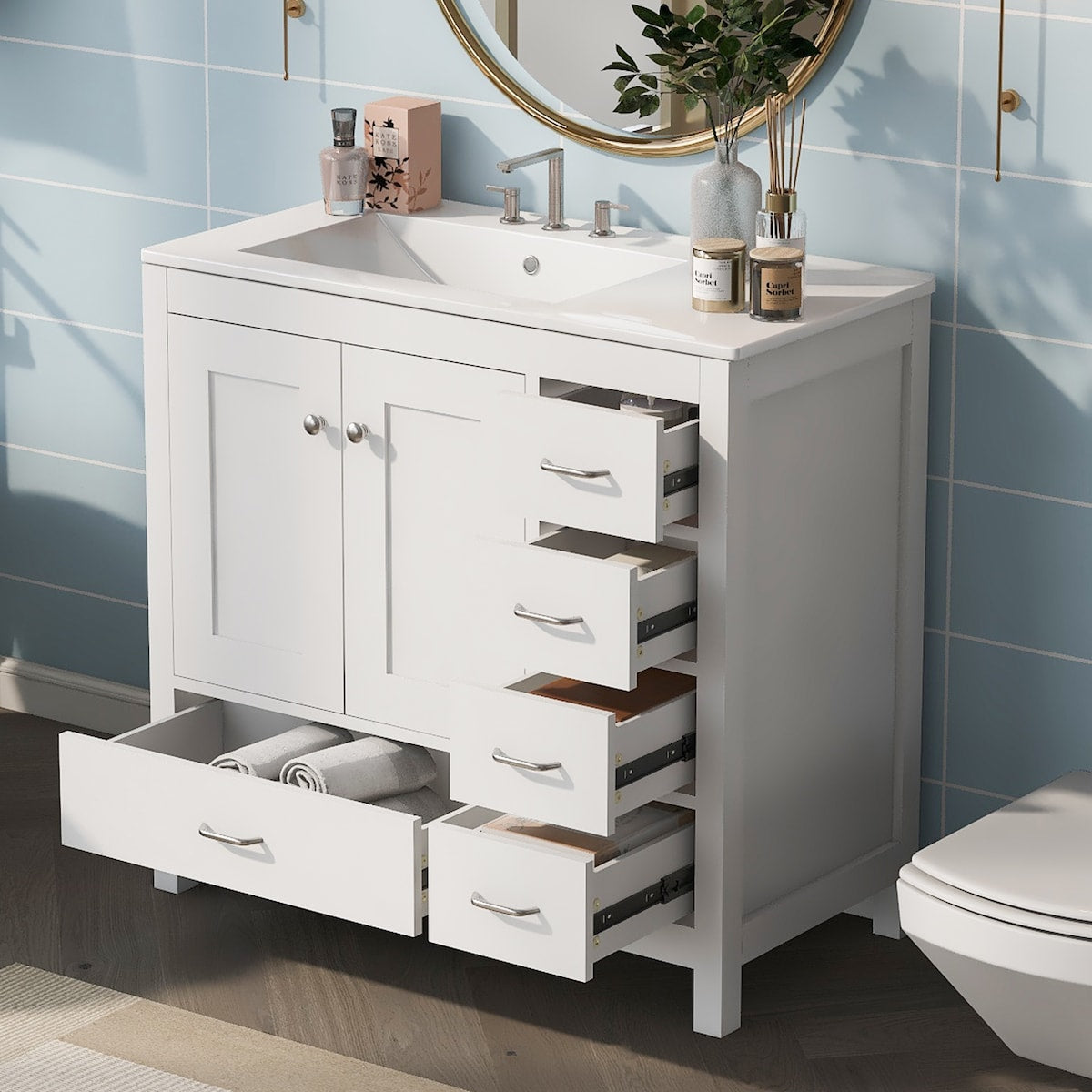 36" White Bathroom Vanity with Ceramic Sink Combo