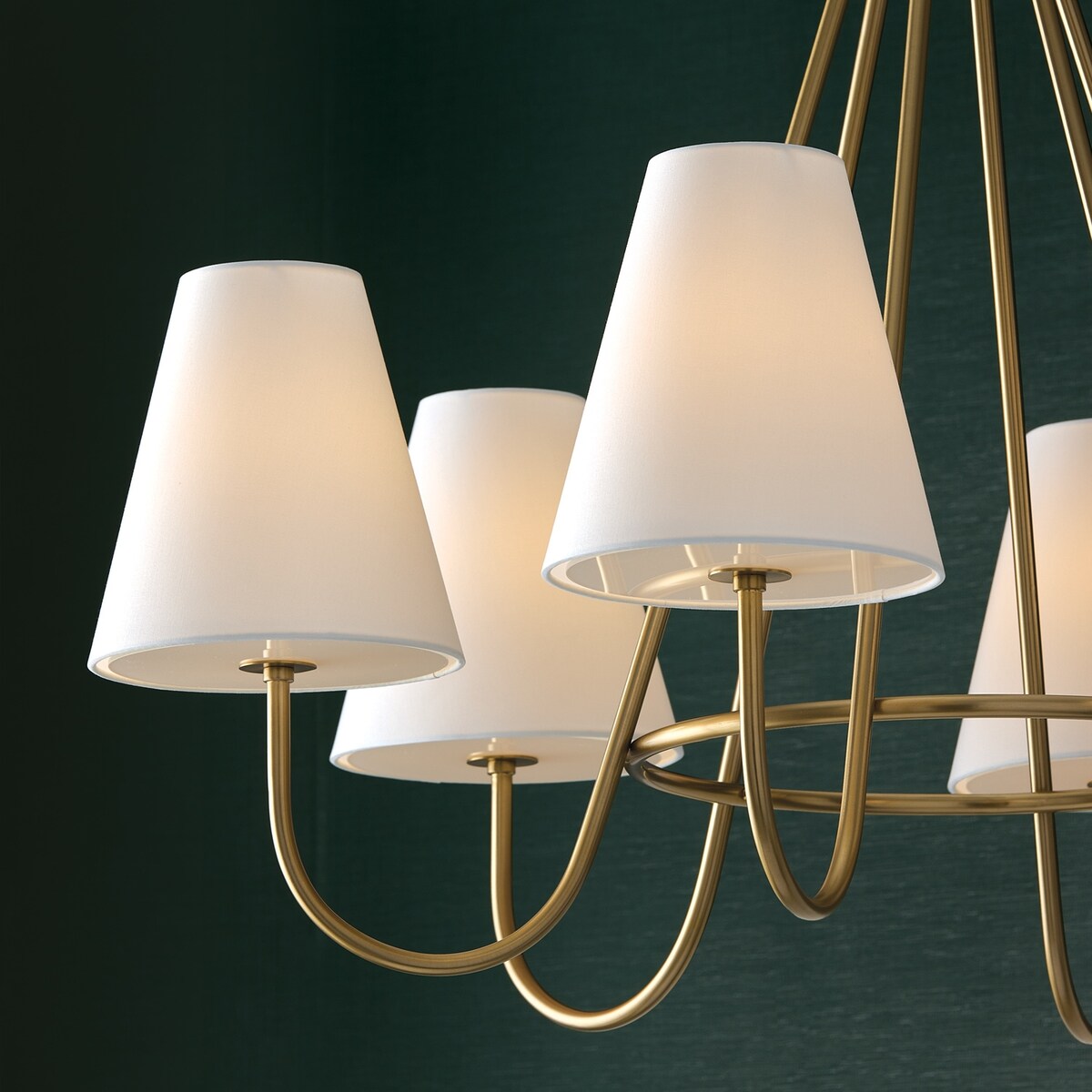 36"W x 26.25"H 6-Light Chandelier in Matte Brass with Tapered White Fabric Shades and Glass Diffusers