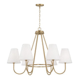 36"W x 26.25"H 6-Light Chandelier in Matte Brass with Tapered White Fabric Shades and Glass Diffusers