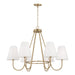 36"W x 26.25"H 6-Light Chandelier in Matte Brass with Tapered White Fabric Shades and Glass Diffusers