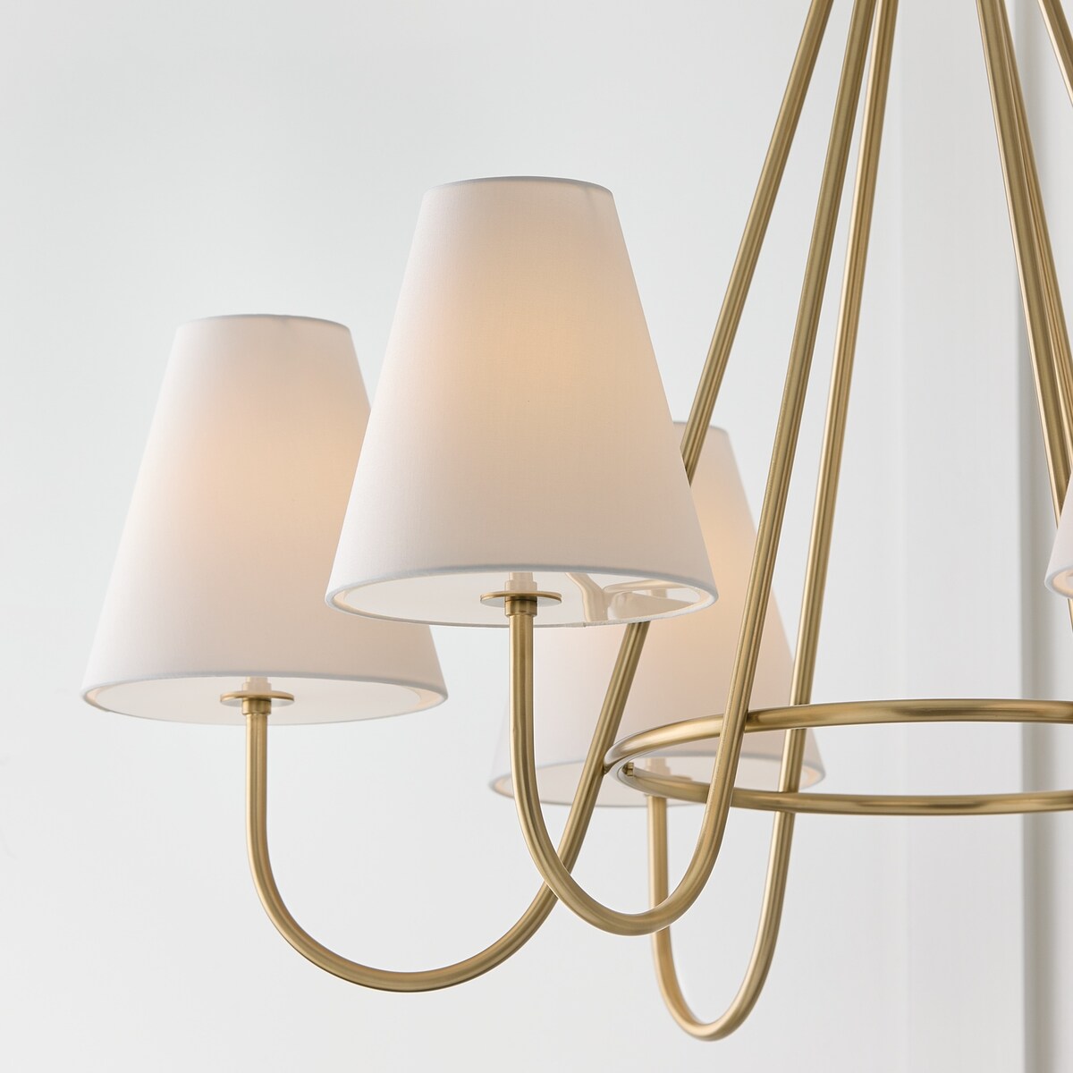 36"W x 26.25"H 6-Light Chandelier in Matte Brass with Tapered White Fabric Shades and Glass Diffusers