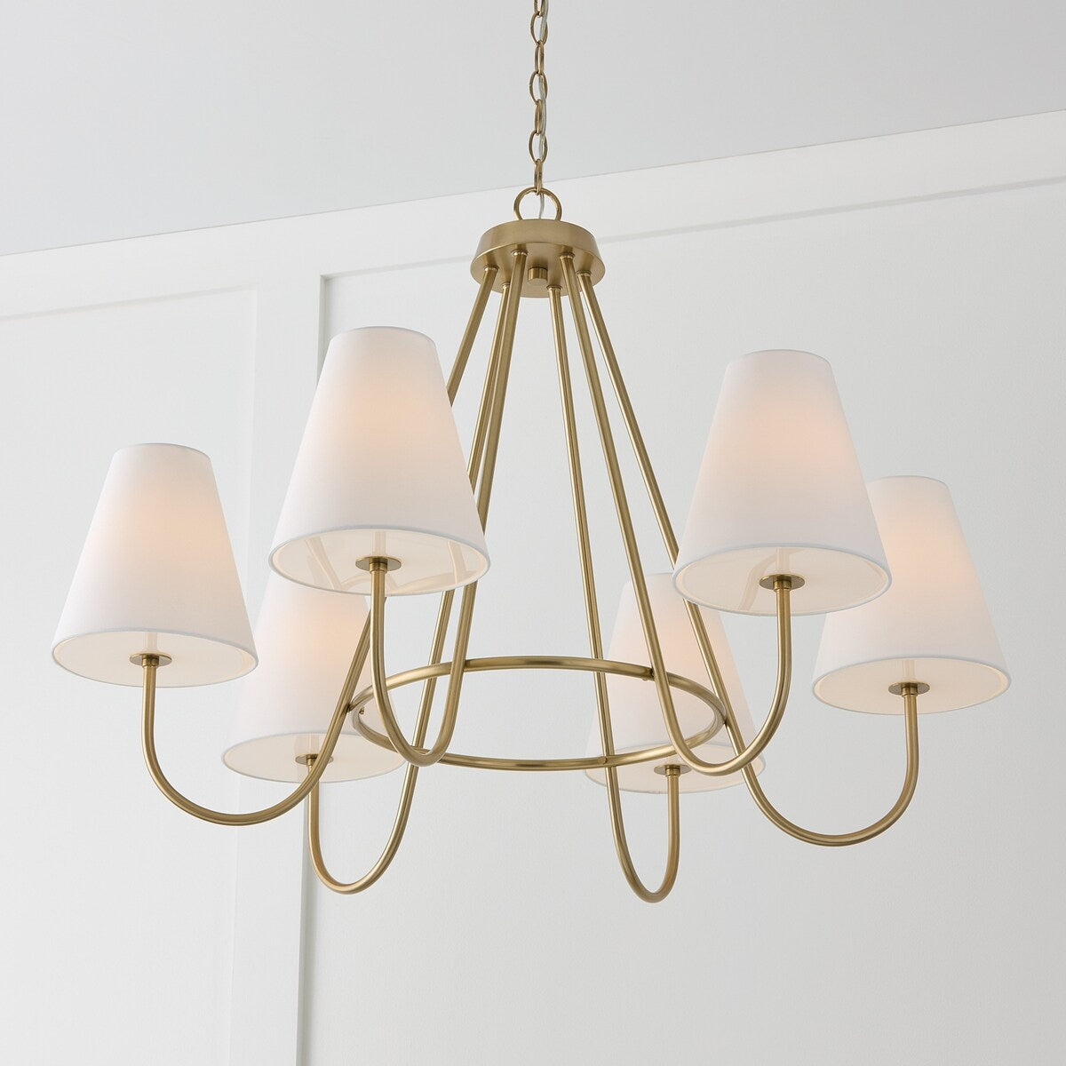 36"W x 26.25"H 6-Light Chandelier in Matte Brass with Tapered White Fabric Shades and Glass Diffusers