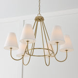 36"W x 26.25"H 6-Light Chandelier in Matte Brass with Tapered White Fabric Shades and Glass Diffusers