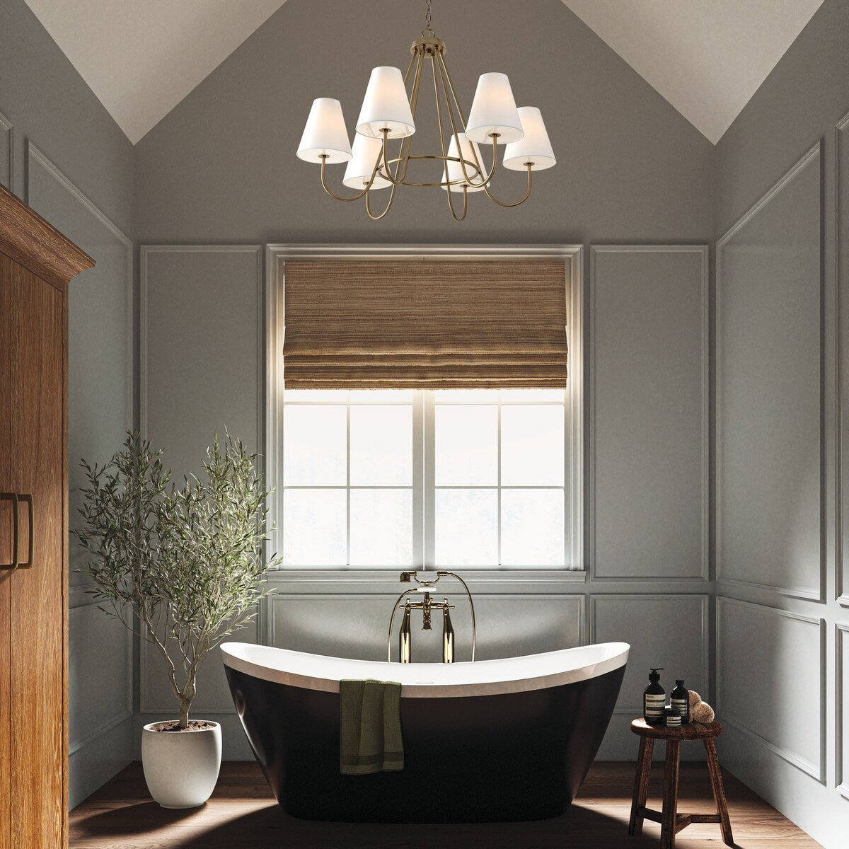36"W x 26.25"H 6-Light Chandelier in Matte Brass with Tapered White Fabric Shades and Glass Diffusers