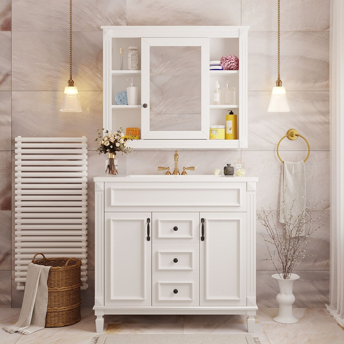 36'' Bathroom Vanity Combo Set with Mirror Cabinet, Modern Bathroom Storage Cabinet with 2 Soft Closing Doors and 2 Drawers