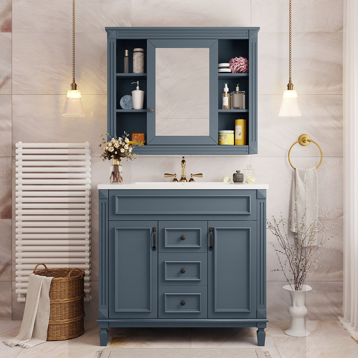 36'' Bathroom Vanity Combo Set with Mirror Cabinet, Modern Bathroom Storage Cabinet with 2 Soft Closing Doors and 2 Drawers
