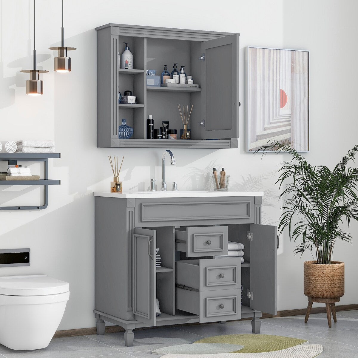 36'' Bathroom Vanity Combo Set with Mirror Cabinet, Modern Bathroom Storage Cabinet with 2 Soft Closing Doors and 2 Drawers