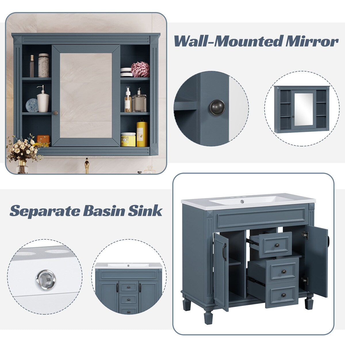 36'' Bathroom Vanity Combo Set with Mirror Cabinet, Modern Bathroom Storage Cabinet with 2 Soft Closing Doors and 2 Drawers