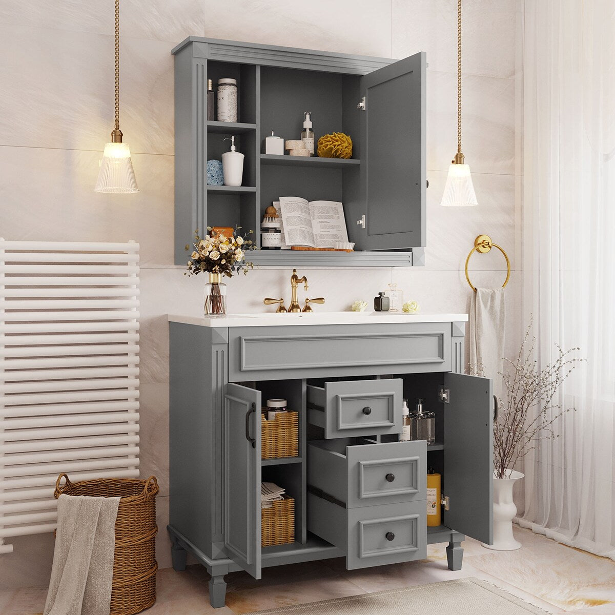 36'' Bathroom Vanity Combo Set with Mirror Cabinet, Modern Bathroom Storage Cabinet with 2 Soft Closing Doors and 2 Drawers