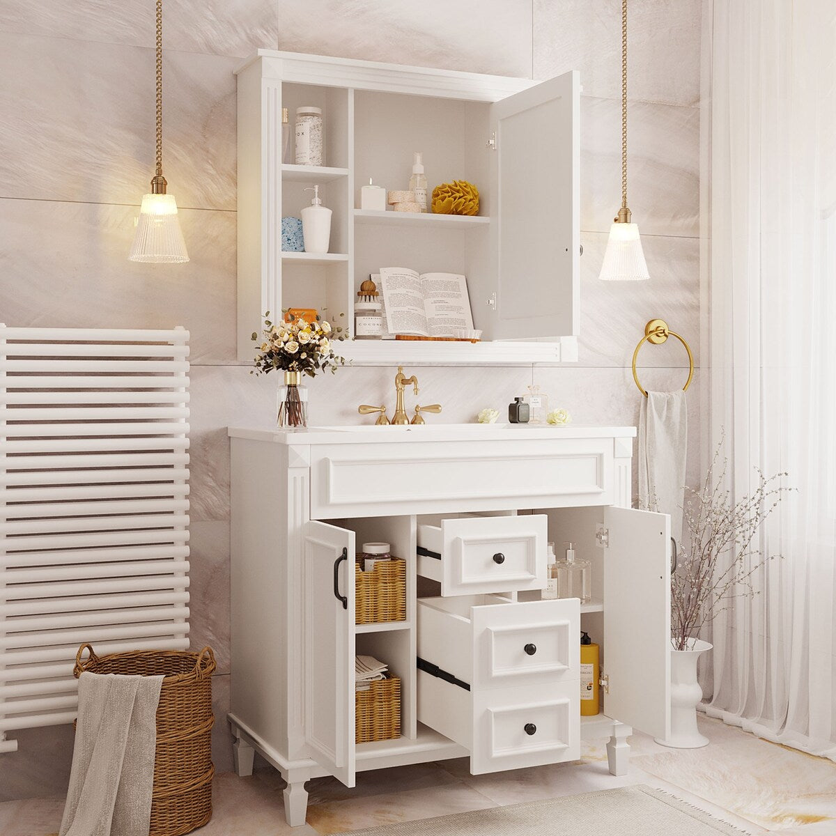 36'' Bathroom Vanity Combo Set with Mirror Cabinet, Modern Bathroom Storage Cabinet with 2 Soft Closing Doors and 2 Drawers