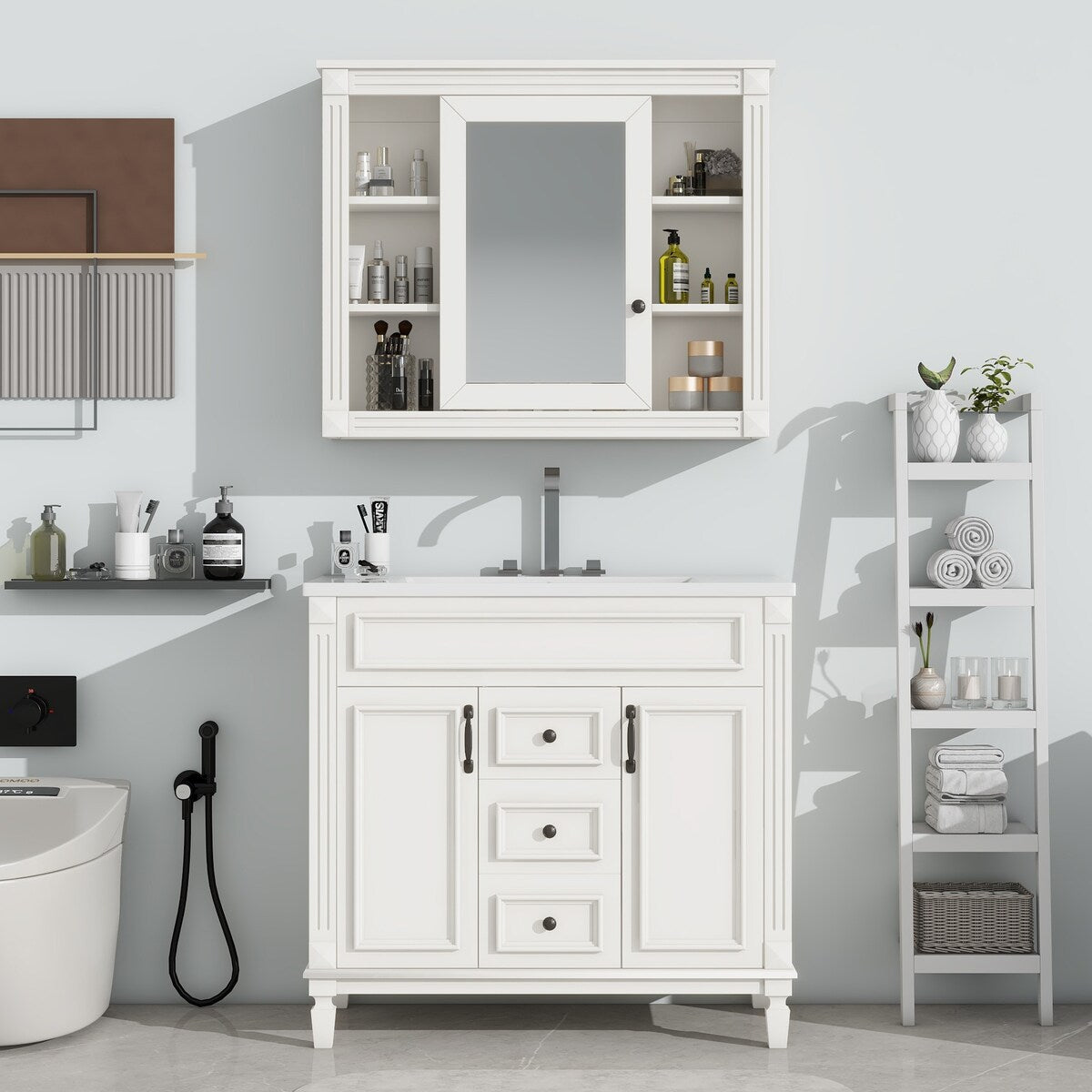 36'' Bathroom Vanity Combo Set with Mirror Cabinet, Modern Bathroom Storage Cabinet with 2 Soft Closing Doors and 2 Drawers