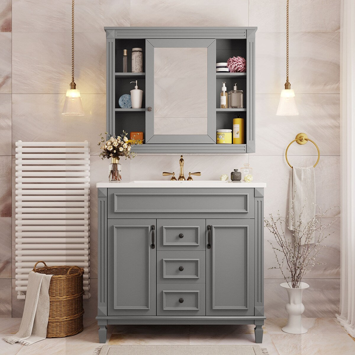 36'' Bathroom Vanity Combo Set with Mirror Cabinet, Modern Bathroom Storage Cabinet with 2 Soft Closing Doors and 2 Drawers