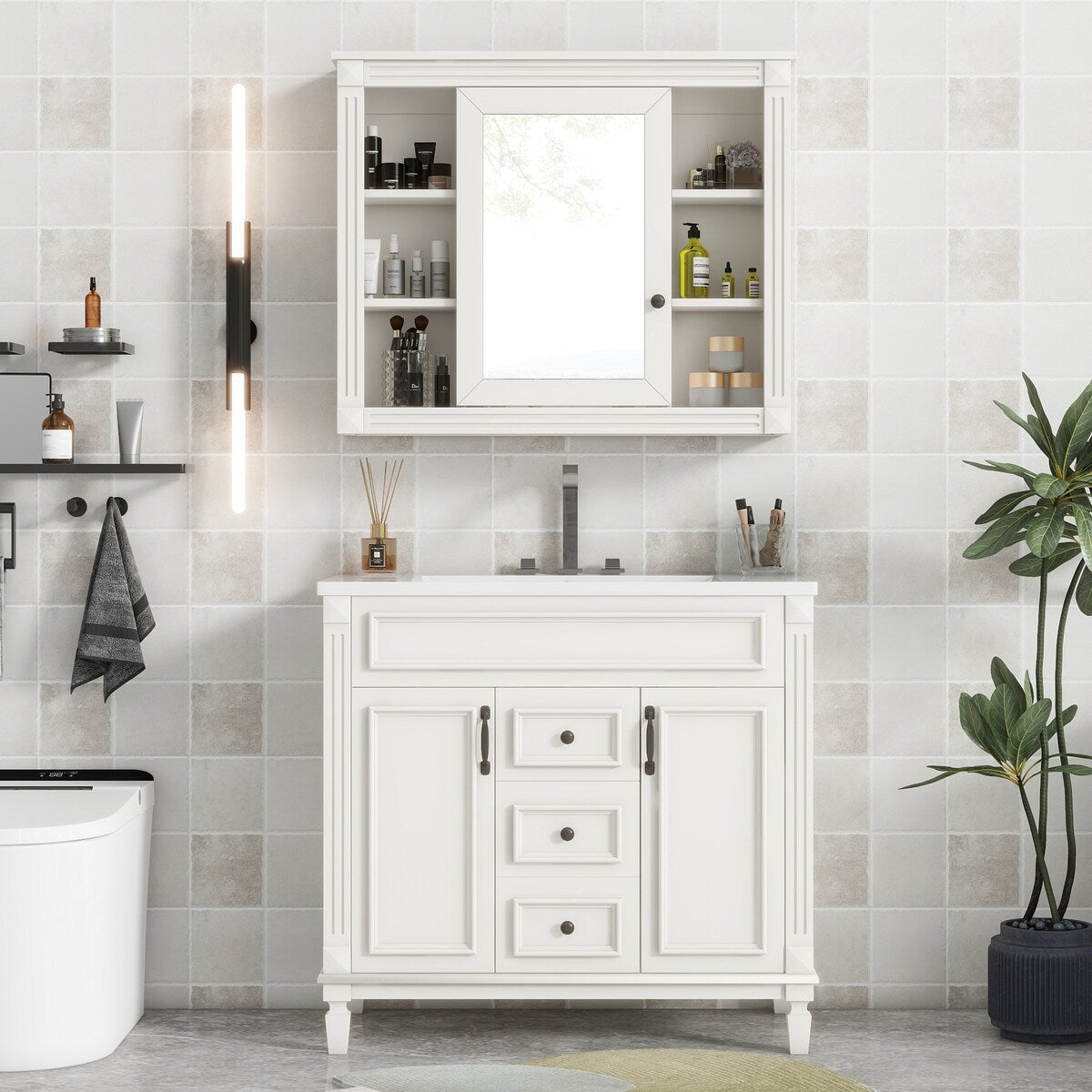 36'' Bathroom Vanity Combo Set with Mirror Cabinet, Modern Bathroom Storage Cabinet with 2 Soft Closing Doors and 2 Drawers