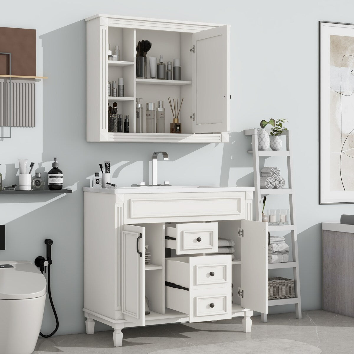 36'' Bathroom Vanity Combo Set with Mirror Cabinet, Modern Bathroom Storage Cabinet with 2 Soft Closing Doors and 2 Drawers