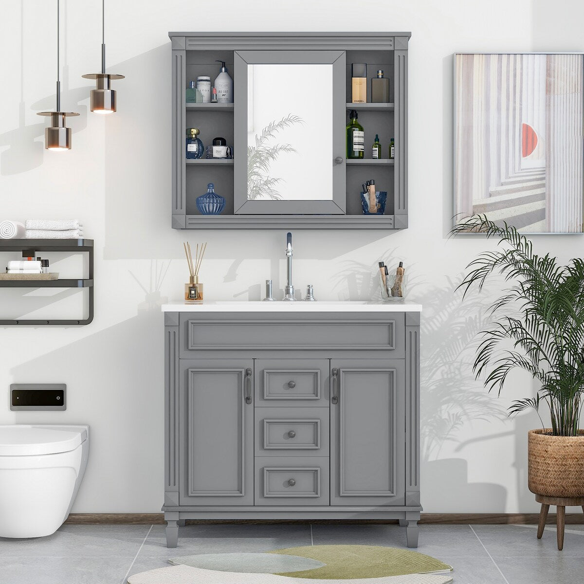 36'' Bathroom Vanity Combo Set with Mirror Cabinet, Modern Bathroom Storage Cabinet with 2 Soft Closing Doors and 2 Drawers
