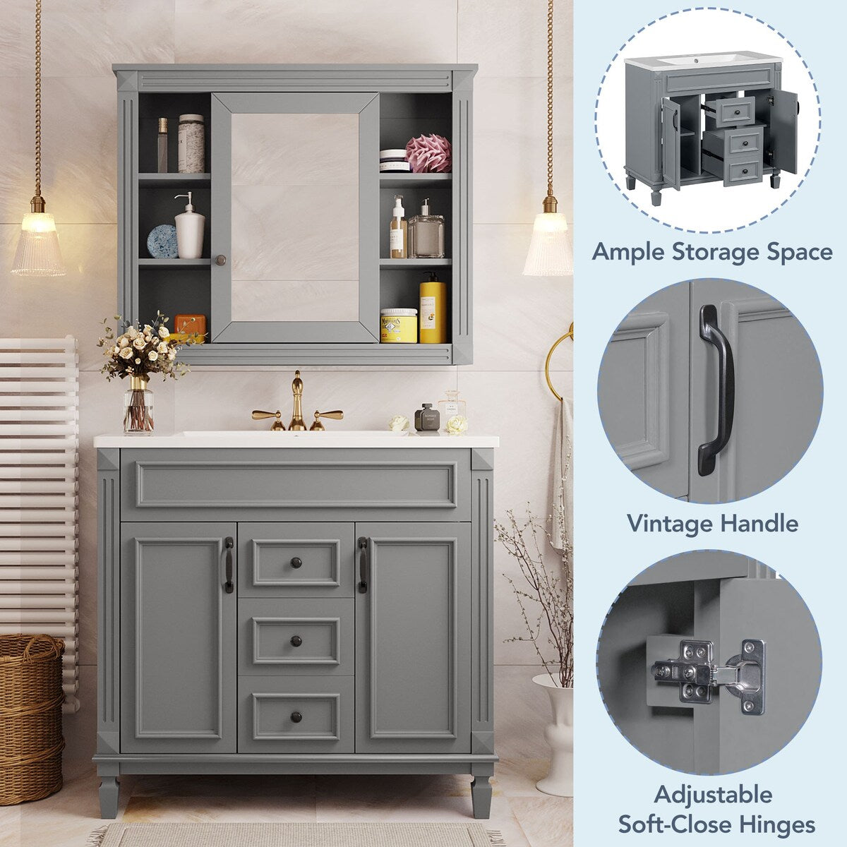 36'' Bathroom Vanity Combo Set with Mirror Cabinet, Modern Bathroom Storage Cabinet with 2 Soft Closing Doors and 2 Drawers