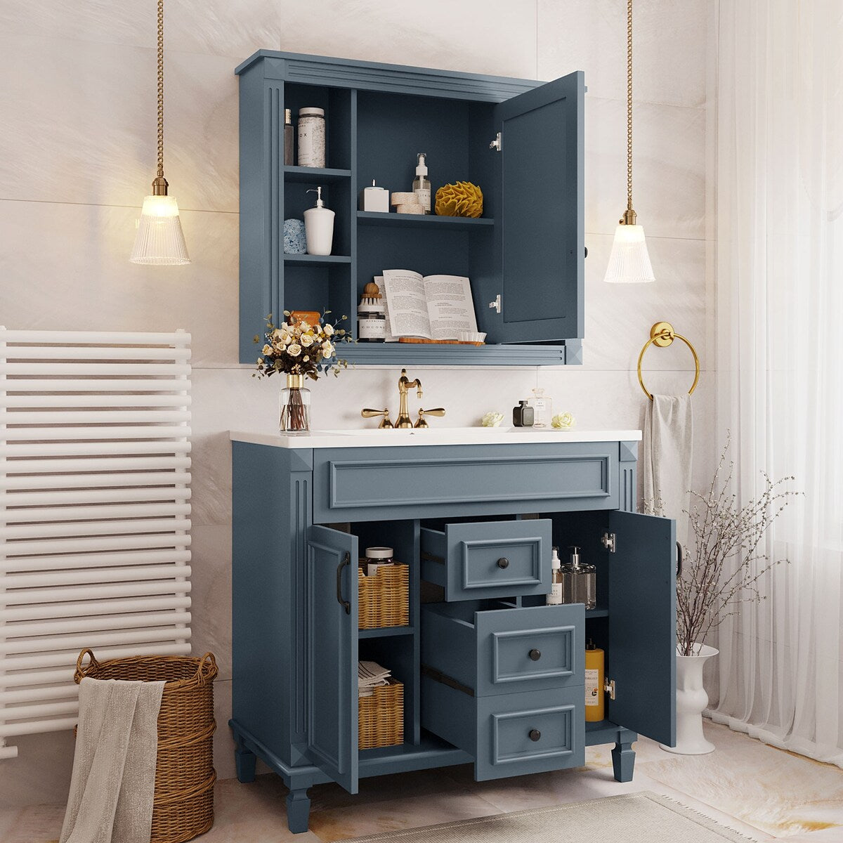 36'' Bathroom Vanity Combo Set with Mirror Cabinet, Modern Bathroom Storage Cabinet with 2 Soft Closing Doors and 2 Drawers