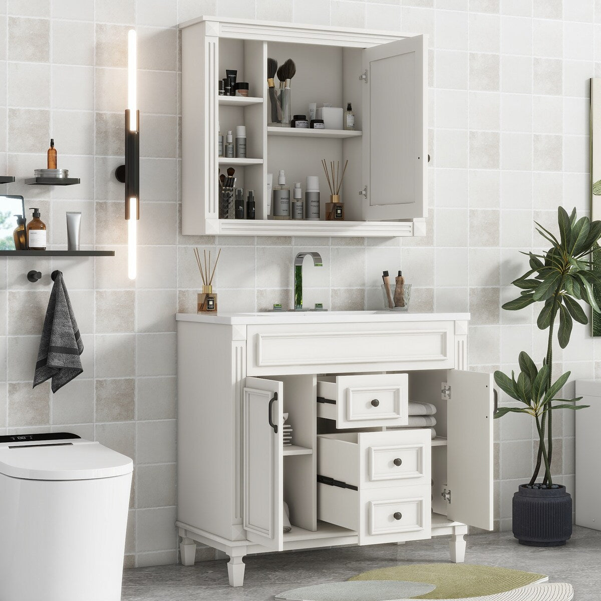 36'' Bathroom Vanity Combo Set with Mirror Cabinet, Modern Bathroom Storage Cabinet with 2 Soft Closing Doors and 2 Drawers