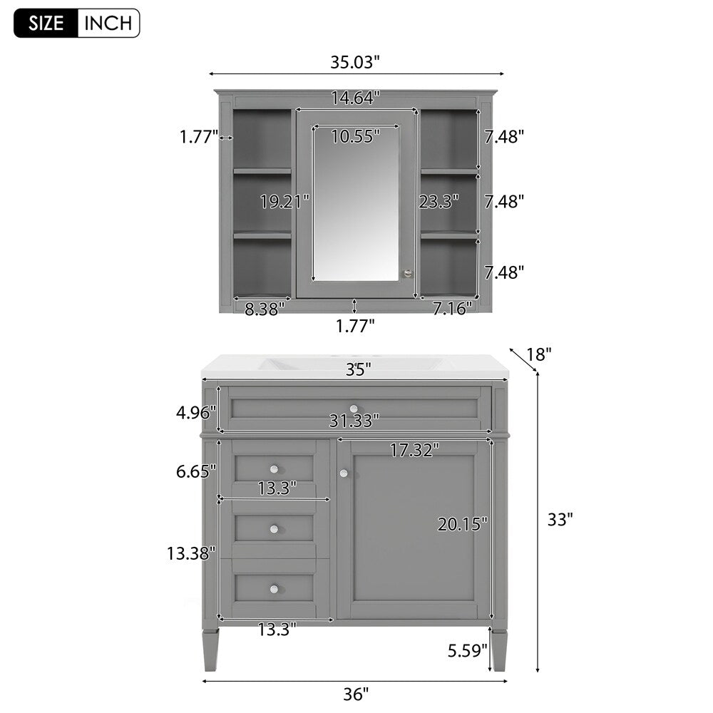 36'' Bathroom Vanity with Medicine Cabinet,Mirror Cabinet,3 PCS