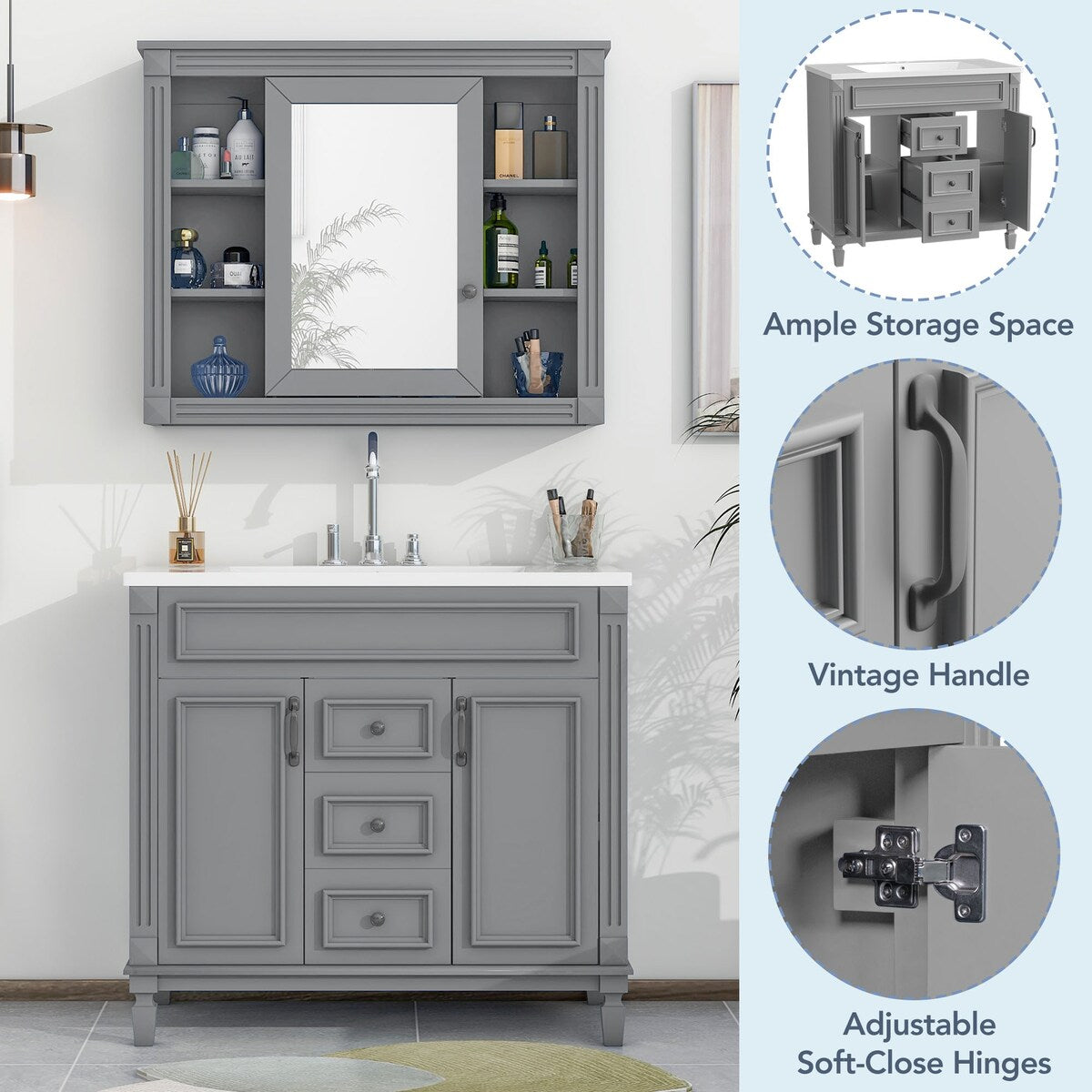 36'' Bathroom Vanity with Top Sink and Mirror Cabinet & 2 Drawers