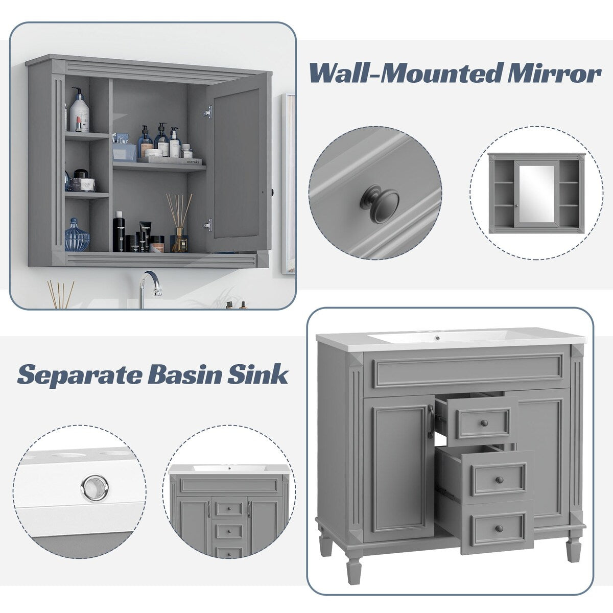 36'' Bathroom Vanity with Top Sink and Mirror Cabinet & 2 Drawers