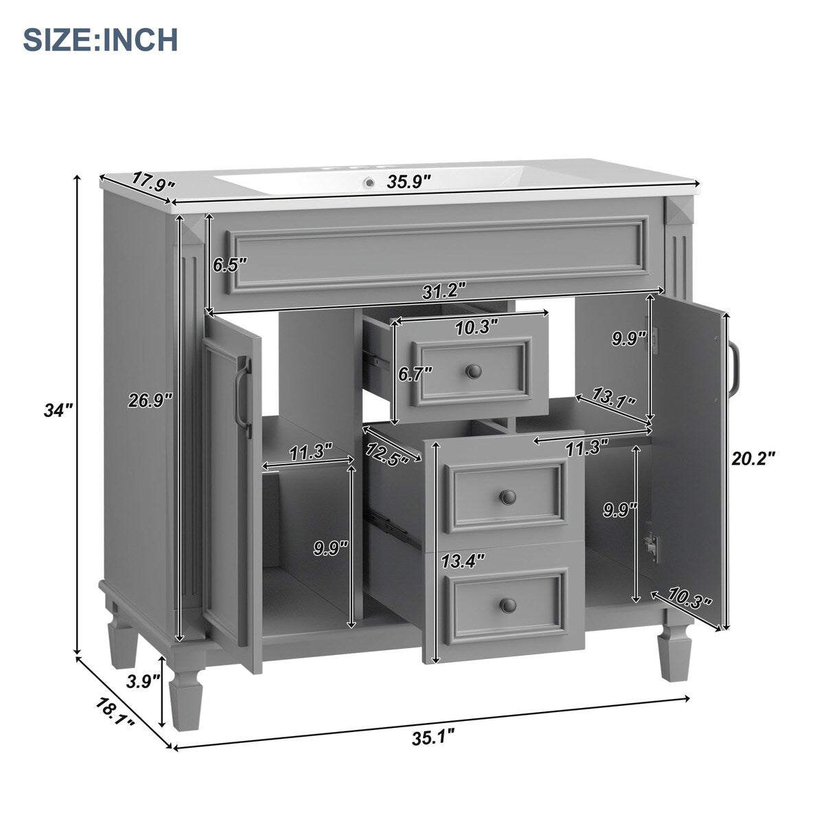 36'' Bathroom Vanity with Top Sink and Mirror Cabinet & 2 Drawers