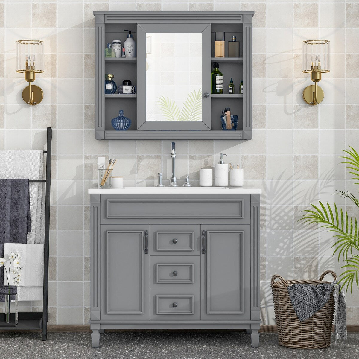 36'' Bathroom Vanity with Top Sink and Mirror Cabinet & 2 Drawers