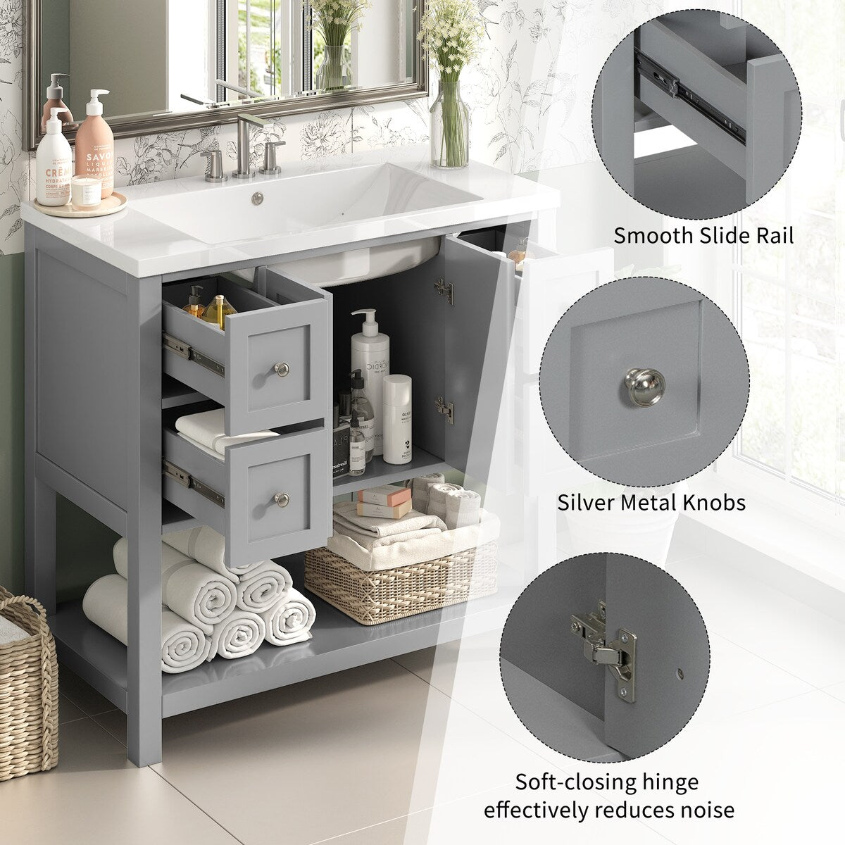 36'' Bathroom Vanity with Undermount Sink,Free Standing Vanity Set with 4 Drawers& Soft Closing Doors,Bathroom Storage Cabinet