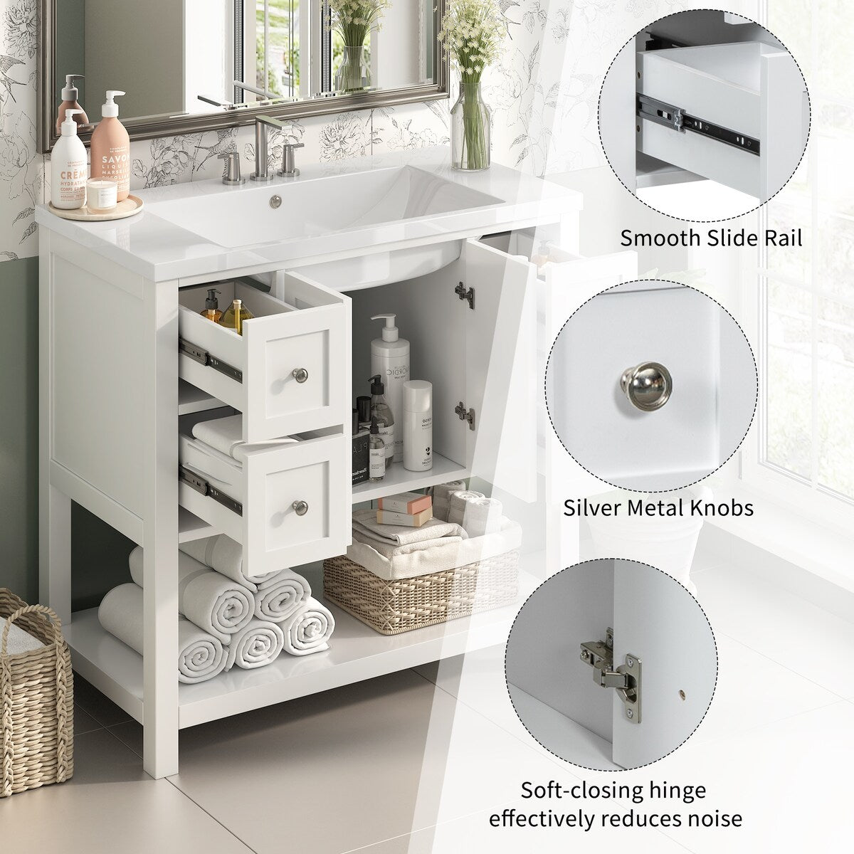 36'' Bathroom Vanity with Undermount Sink,Free Standing Vanity Set with 4 Drawers& Soft Closing Doors,Bathroom Storage Cabinet