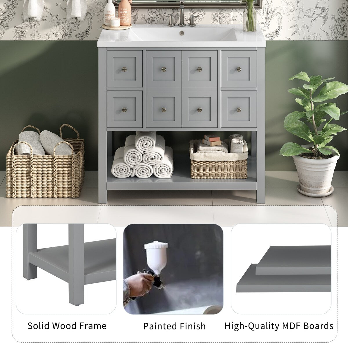 36'' Bathroom Vanity with Undermount Sink,Free Standing Vanity Set with 4 Drawers& Soft Closing Doors,Bathroom Storage Cabinet