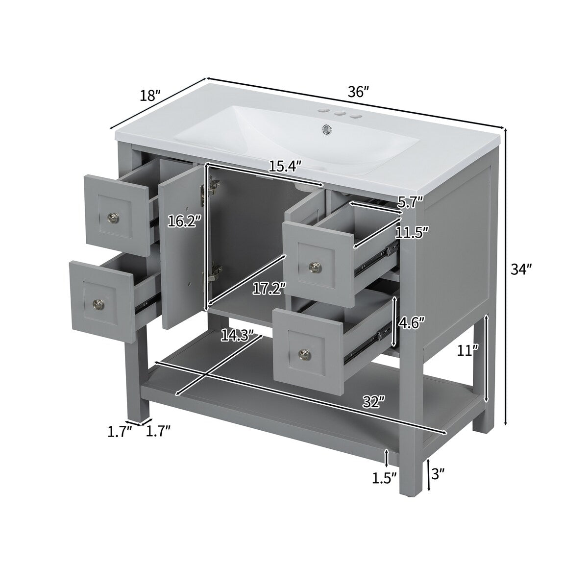 36'' Bathroom Vanity with Undermount Sink,Free Standing Vanity Set with 4 Drawers& Soft Closing Doors,Bathroom Storage Cabinet