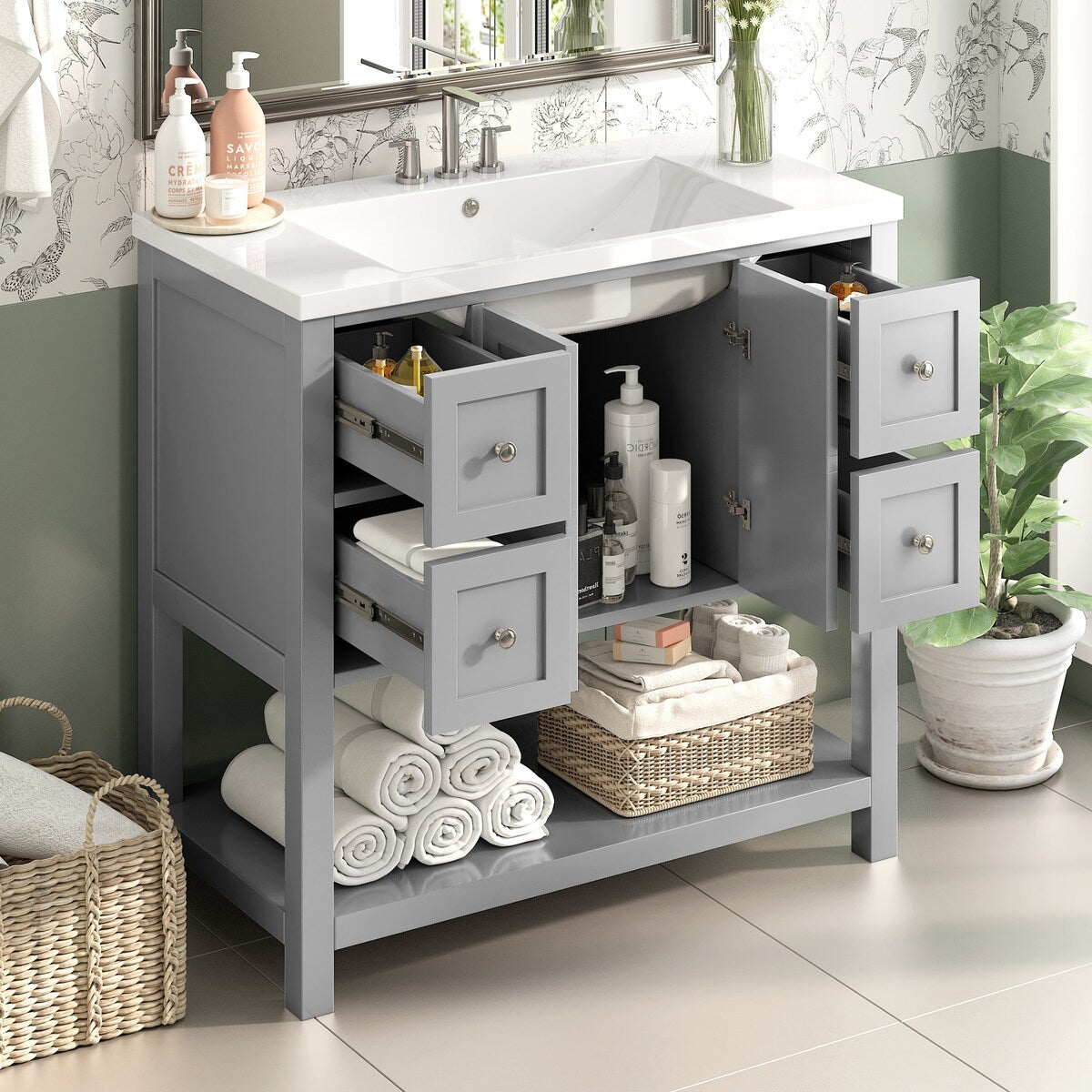 36'' Bathroom Vanity with Undermount Sink,Free Standing Vanity Set with 4 Drawers& Soft Closing Doors,Bathroom Storage Cabinet