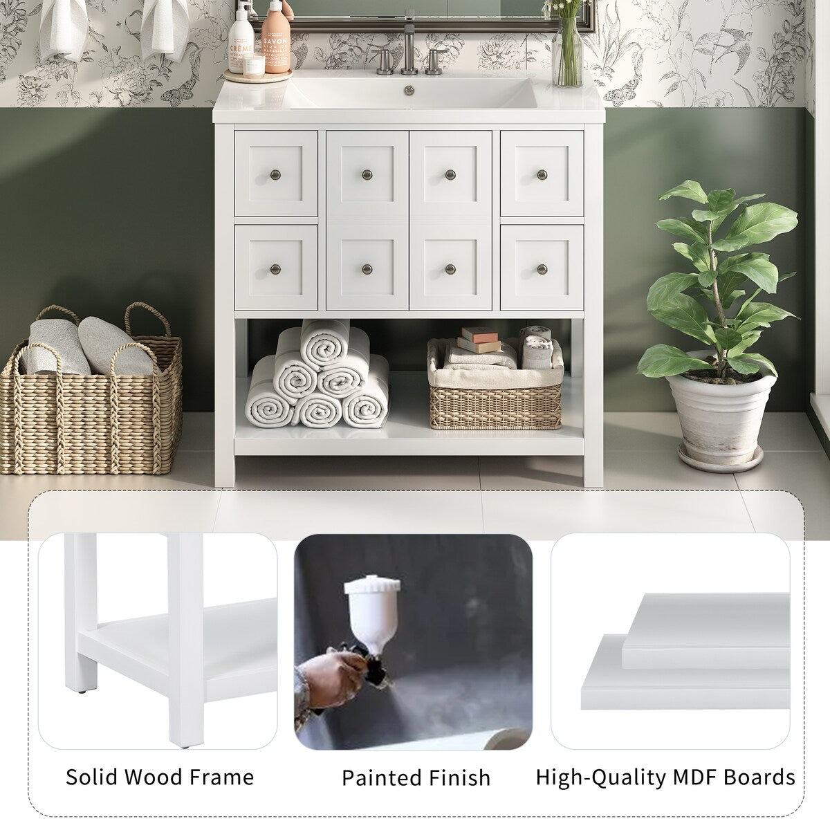 36'' Bathroom Vanity with Undermount Sink,Free Standing Vanity Set with 4 Drawers& Soft Closing Doors,Bathroom Storage Cabinet