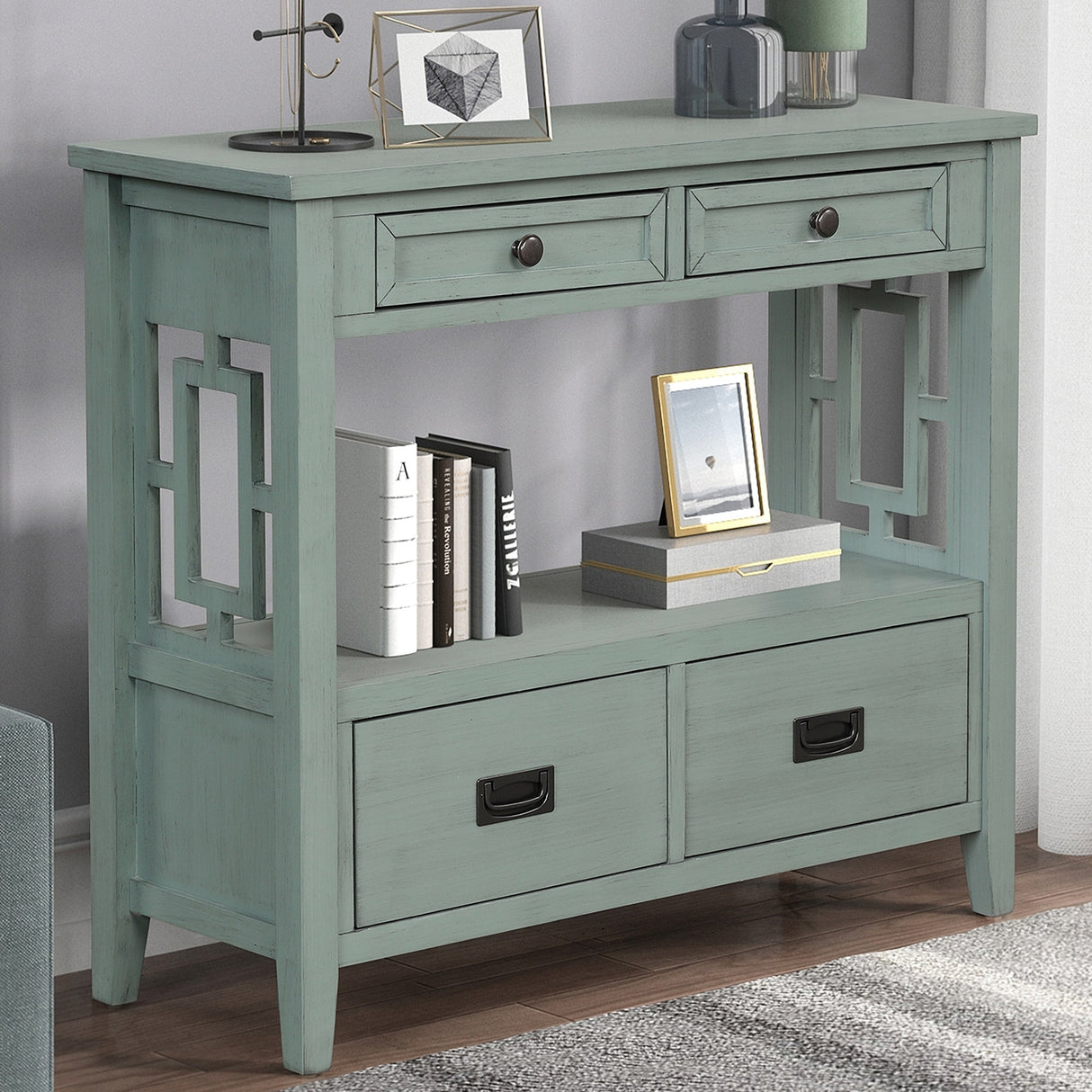 36'' Farmhouse Pine Wood Console Table Entry Sofa Table with 4 Drawers & 1 Storage Shelf