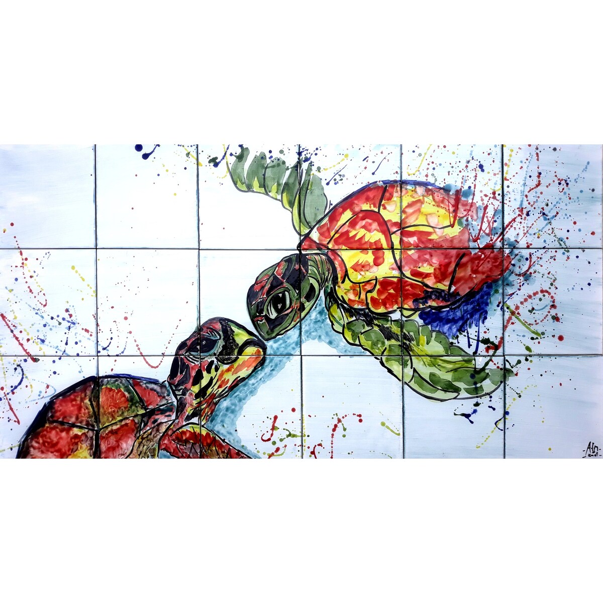 36in x 18in Kissing Turtles Mosaic 18pc Tile Ceramic Wall Mural