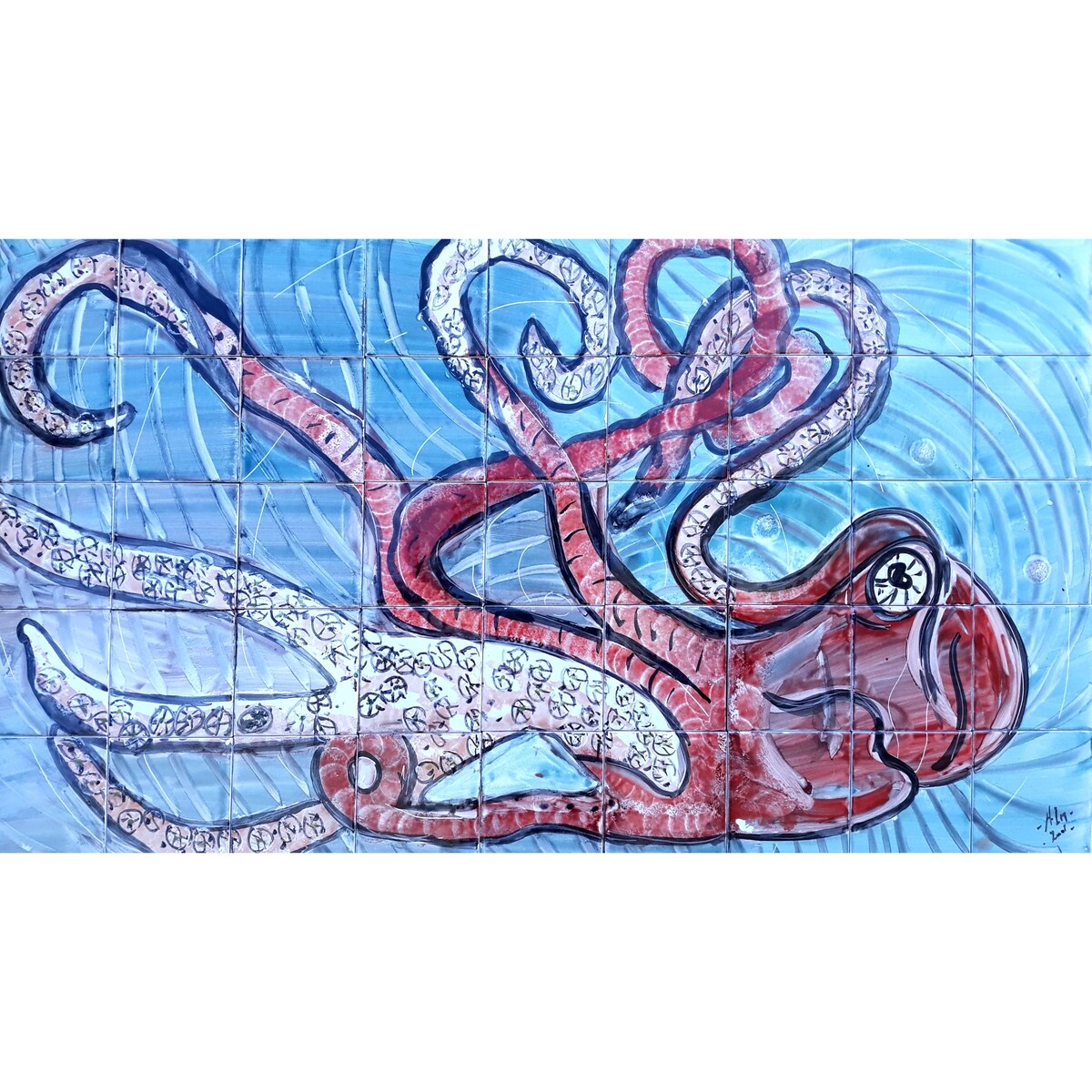 36in x 20in Octopus Design 45pc Ceramic Tile Mosaic Mural