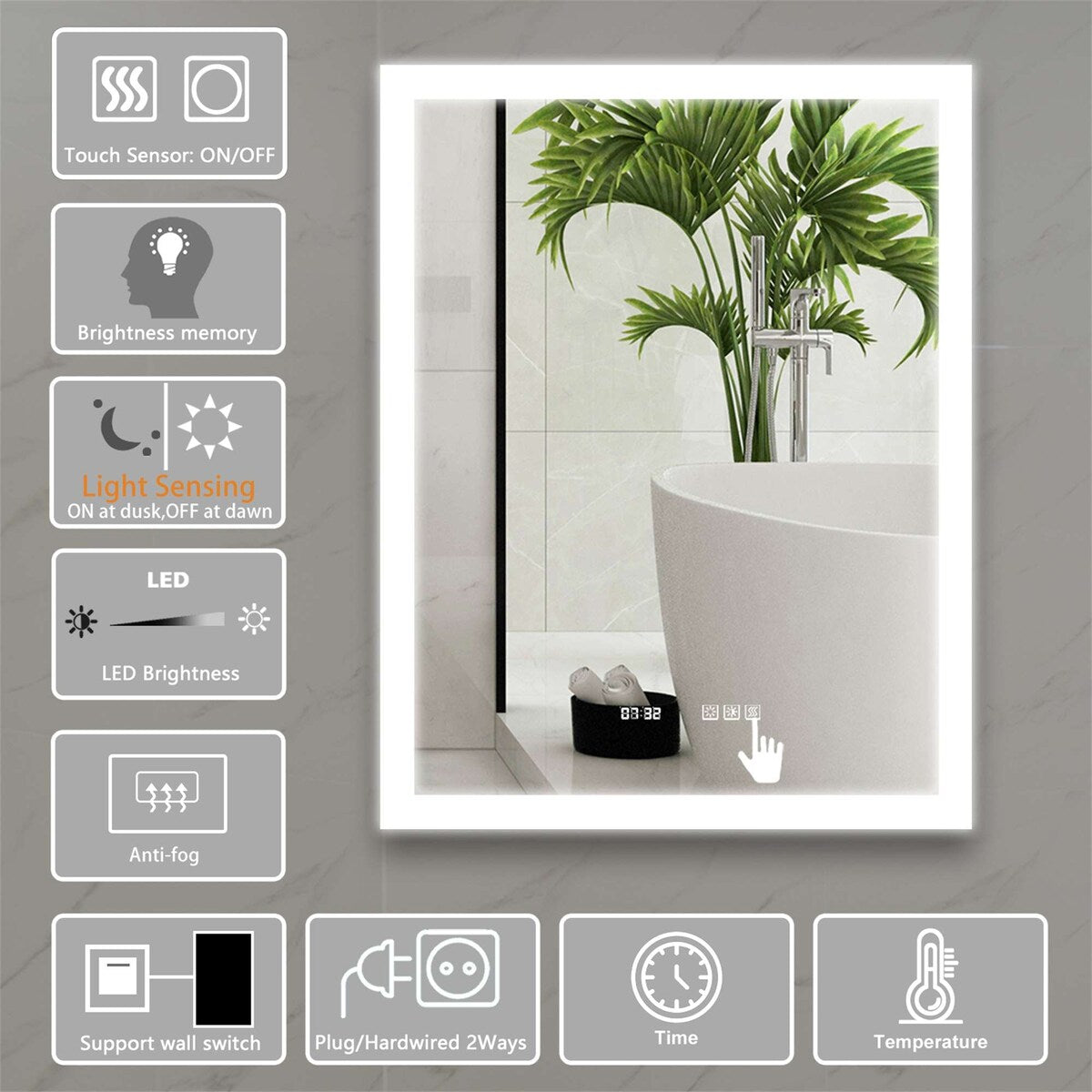 36x28 Inch Wall Mount LED Bathroom Vanity Mirror With 3000K-6000K Dimmable Anti-Fog Lighted Makeup Mirror Smart Memory Mirror