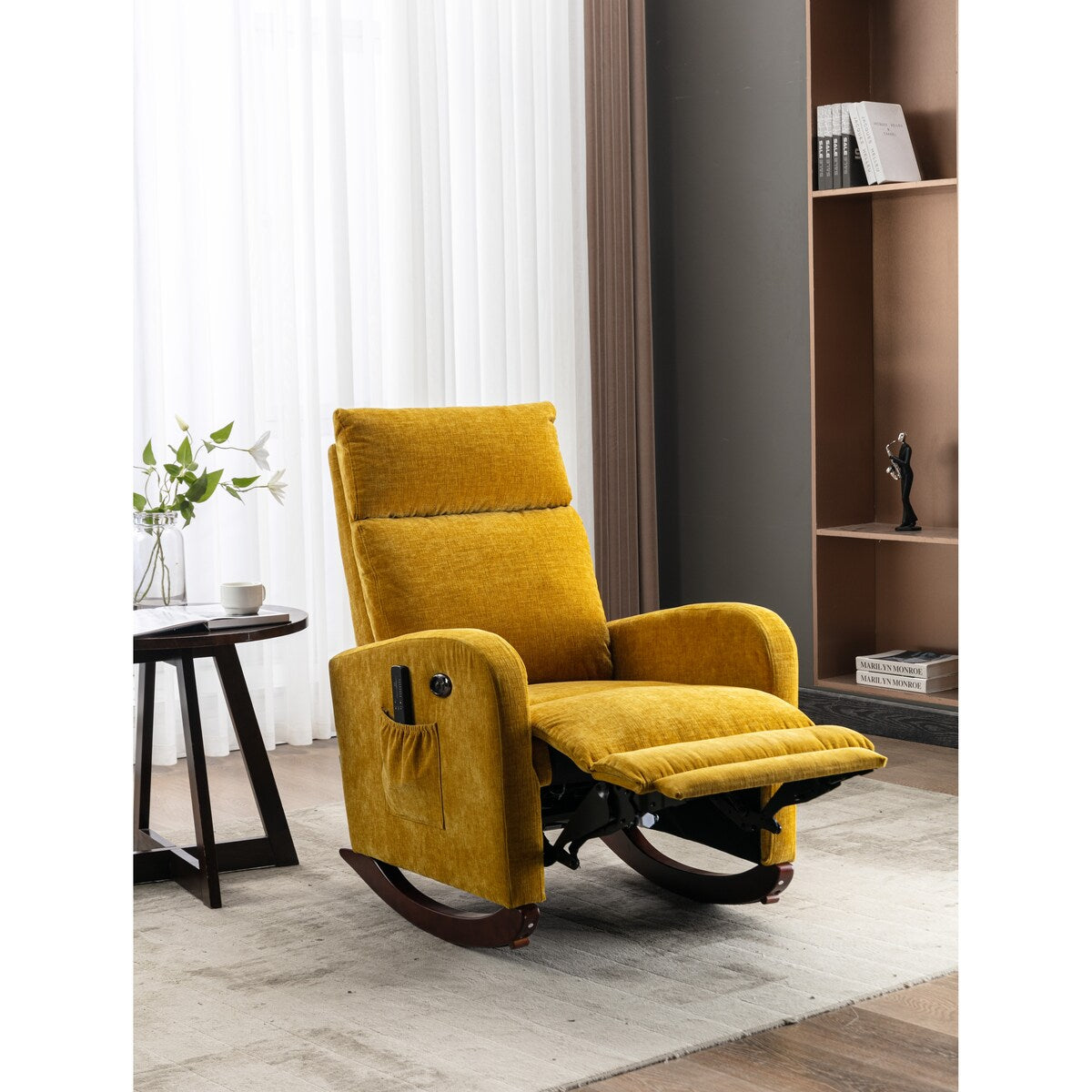38.19" Polyster Fabric Upholstered Rocking Chair with Massaging Modes, Adjust Back and Soft Cushion for Living Room, Bedroom