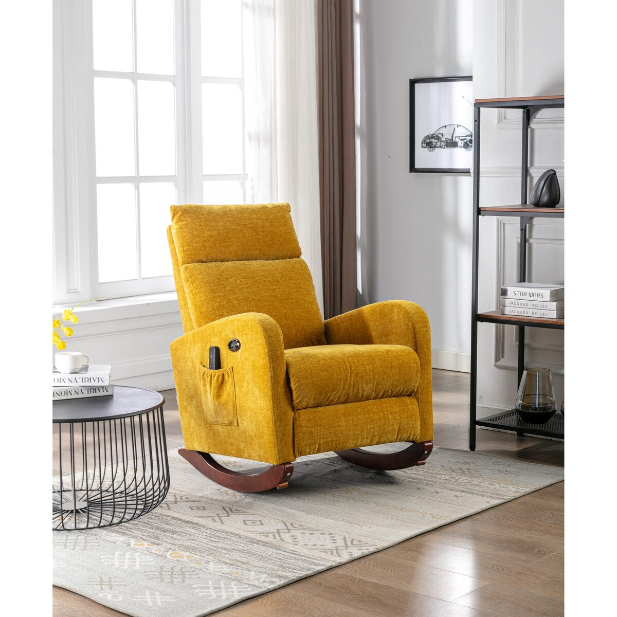38.19" Polyster Fabric Upholstered Rocking Chair with Massaging Modes, Adjust Back and Soft Cushion for Living Room, Bedroom