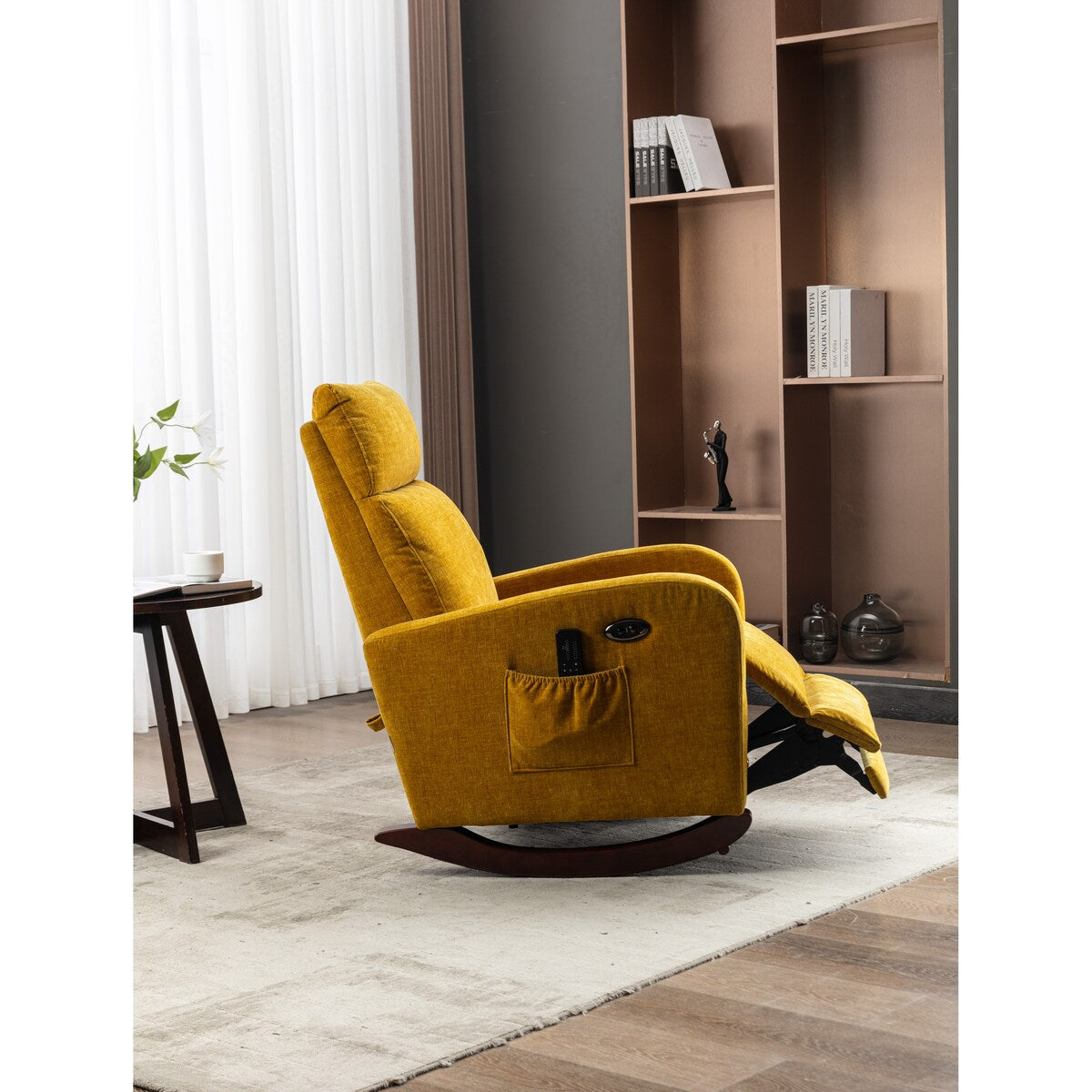 38.19" Polyster Fabric Upholstered Rocking Chair with Massaging Modes, Adjust Back and Soft Cushion for Living Room, Bedroom