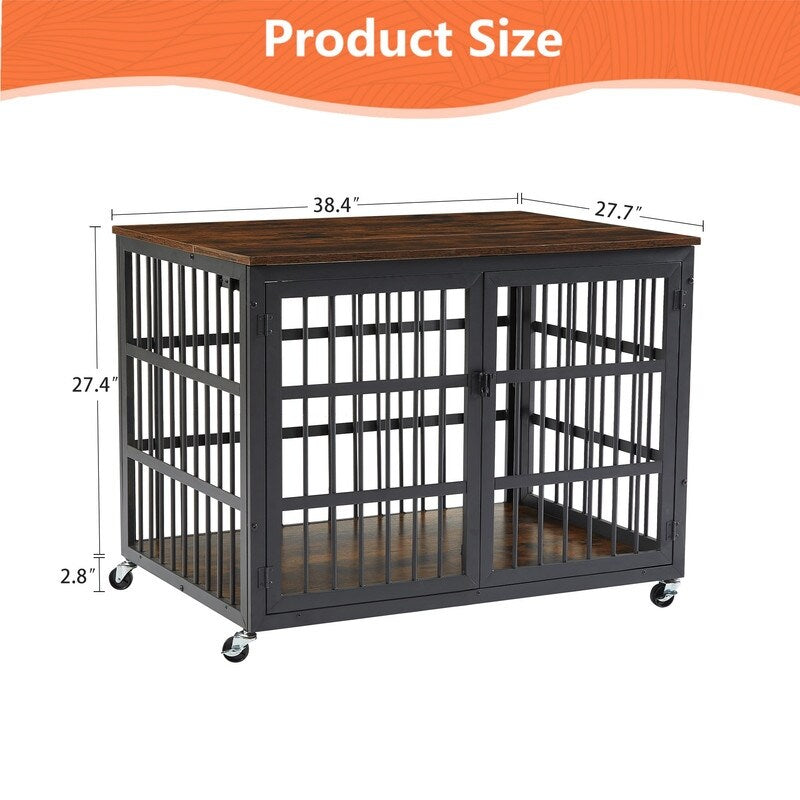 38.4''W Furniture style dog crate wrought iron frame door with side openings, Rustic Brown