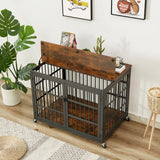 38.4''W Furniture style dog crate wrought iron frame door with side openings, Rustic Brown